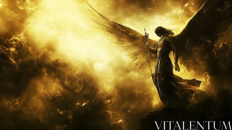 Radiant golden archangel guarding a storm of celestial fire.