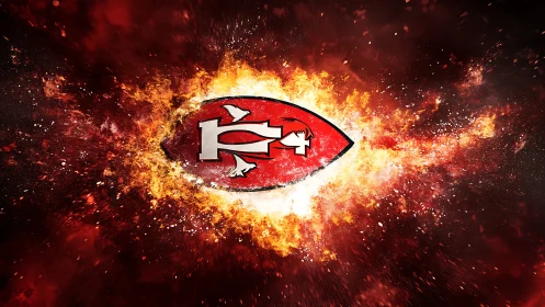 Explosive red emblem rendered in dynamic particle dispersion