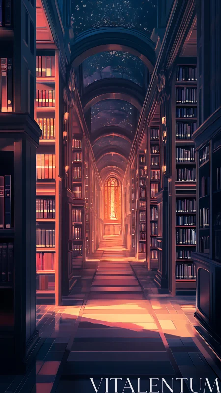 Sunlit vaulted library corridor receding into distance
