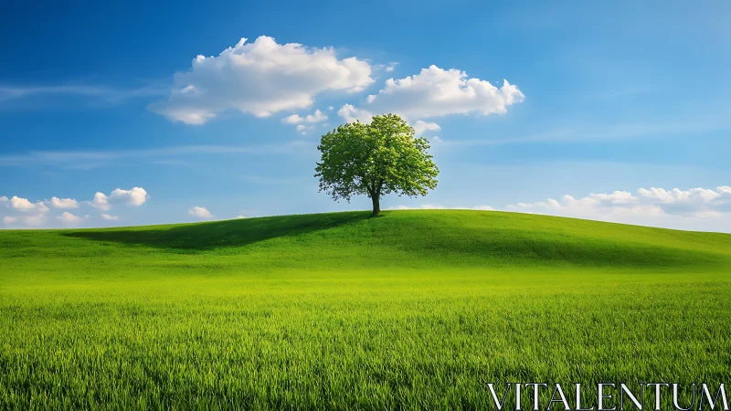 Solitary green tree crowning a vivid rolling hillside.