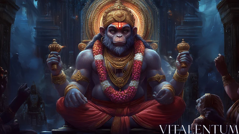 Regal monkey deity in glowing temple of midnight devotion.