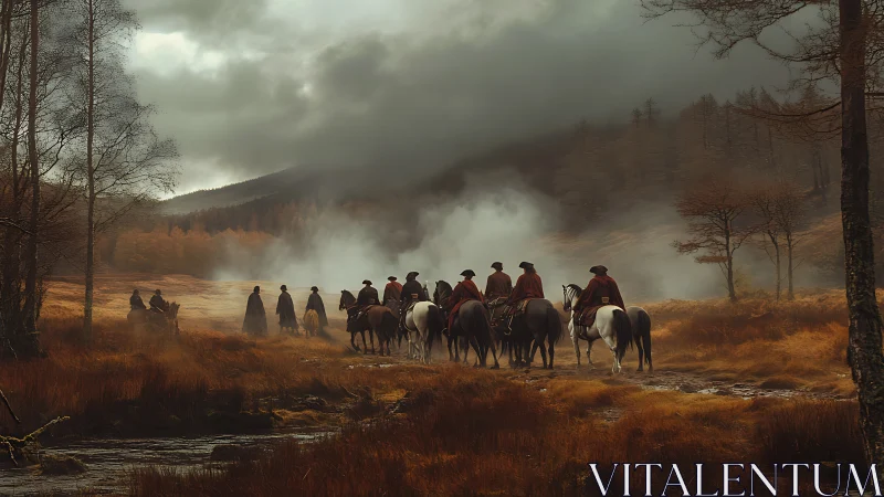 Mounted riders move through foggy valley under heavy clouds