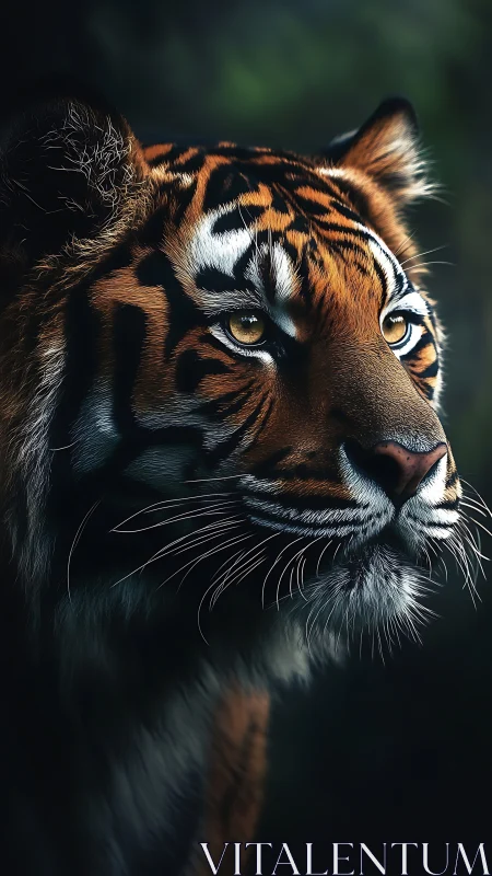 Majestic tiger portrait in moody forest light at dusk.