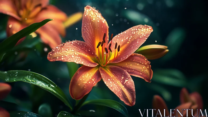 Orange-Red Lily Flower with Water Droplets in Soft Focus Setting