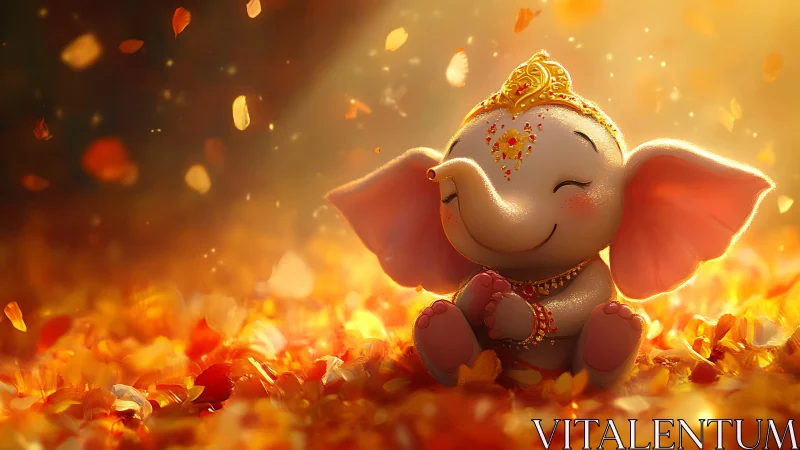Radiant baby elephant deity rendered in warm bokeh lighting