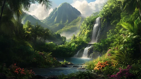 Emerald canyon falls and cloud-kissed jungle sanctuary dreamscape.