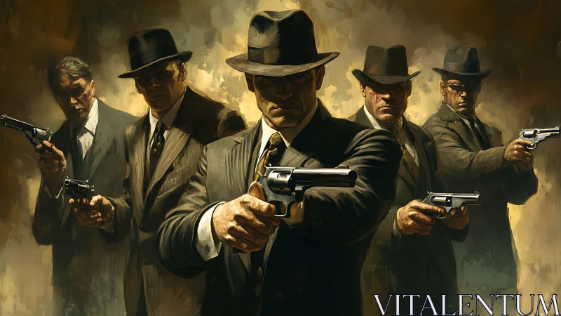 Five armed men in suits aim revolvers toward the viewer