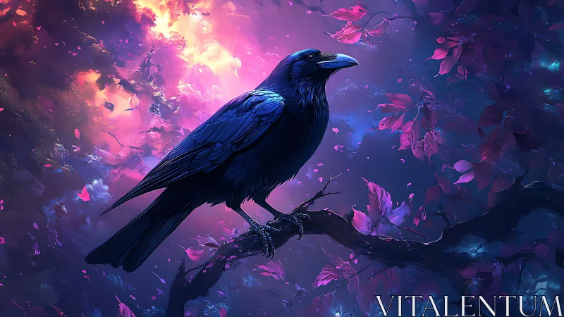Midnight raven on branch in luminous violet forest.