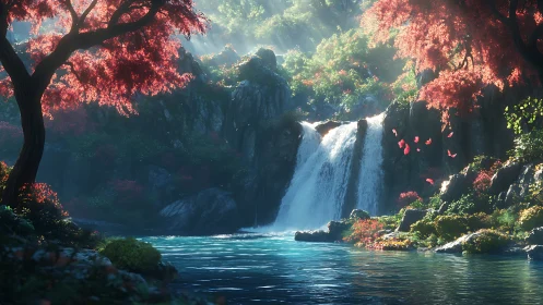 Spectral cascade in vermilion arboretum under volumetric sun.