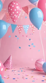 Vibrant Pink Party Setup with Blue Balloons and Confetti.