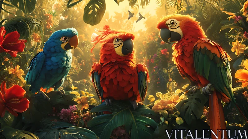 Colorful parrots perched in dense tropical forest habitat.