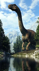 Gentle giant sauropod strolling by a mirrored forest lake.