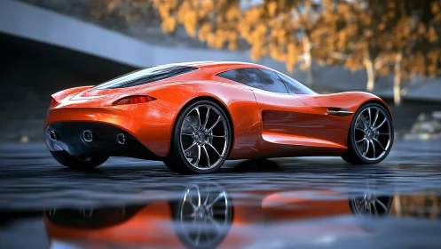 Sleek orange supercar glows against soft autumn reflections