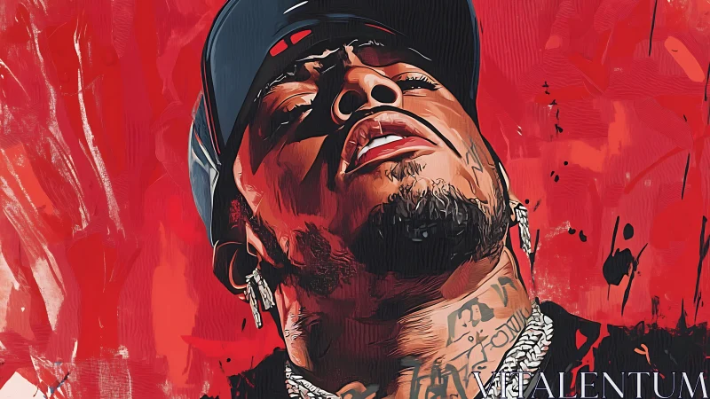 Close portrait of tattooed man in cap against painted red wall