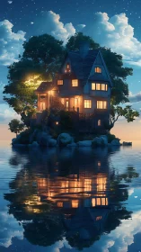 Victorian mansion rendered with procedurally layered architecture suspended above water reflecting s