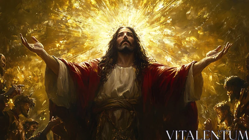 Central robed figure under radiant golden light burst.