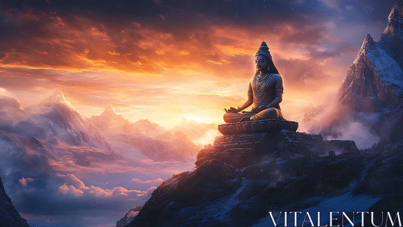 Meditating deity statue over glowing snowy mountains at dusk.