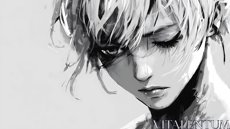 Melancholic monochrome portrait captures downcast anime face