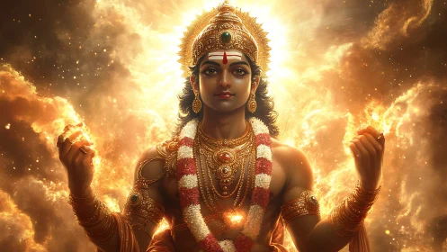Radiant Hindu deity emerges from swirling golden light.