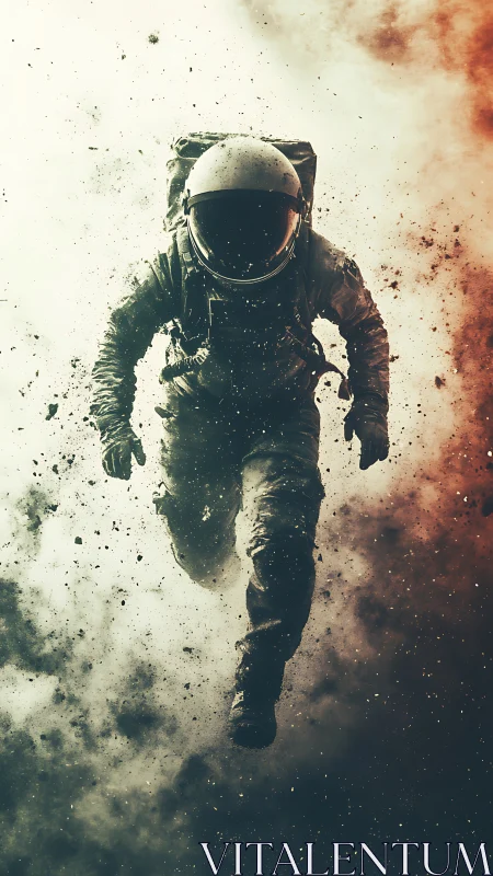Dust-born astronaut sprinting through twin-colored cosmos storm.