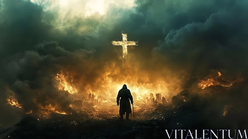 Lone wanderer walks toward a glowing cross in burning mist