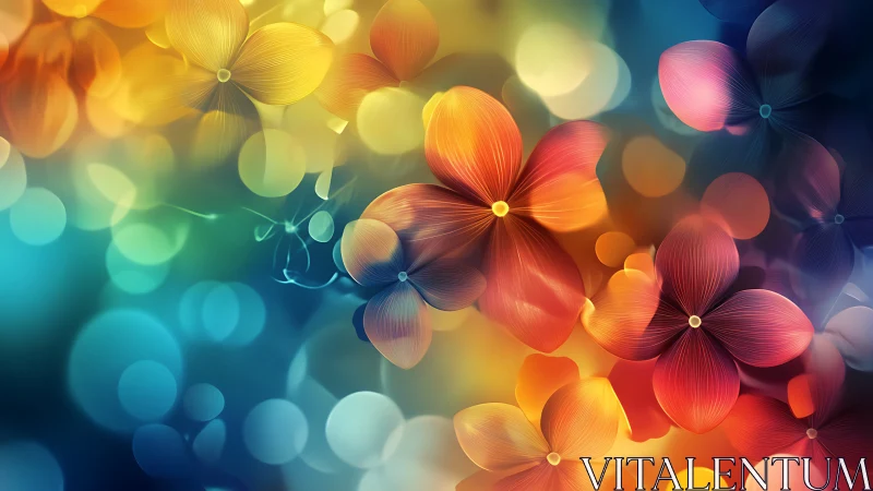 Radiant abstract blossoms float through dreamy bokeh light.