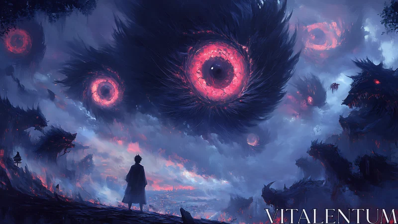 Stormbound watcher beneath vast cosmic demon eyes.