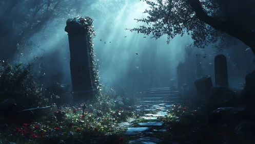 Moonlit graveyard path breathes with ghostly forest light.
