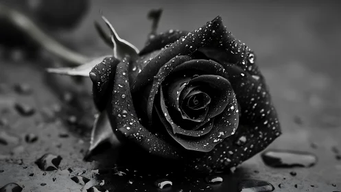 Glistening black rose in monochrome close-up study.