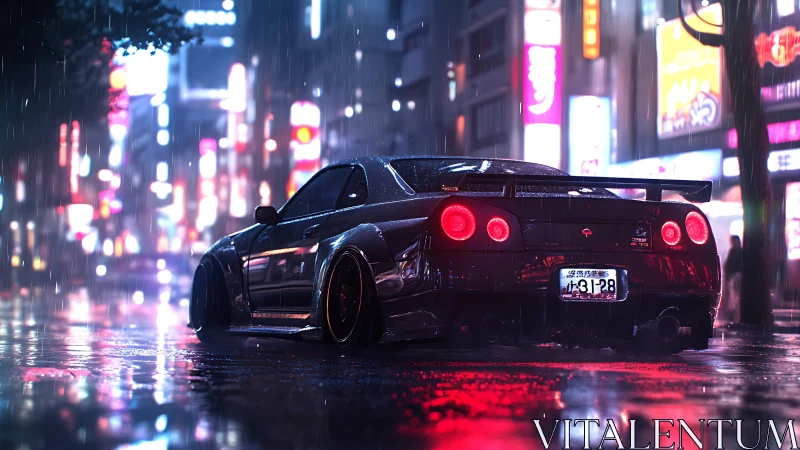 Midnight street racer waits under neon lights and gentle rain