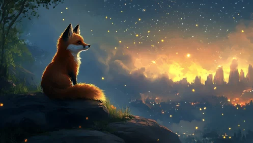 Fox sits on rocky ledge watching glowing distant city lights