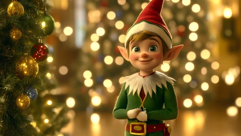 3D Christmas elf portrait with bokeh holiday tree lighting