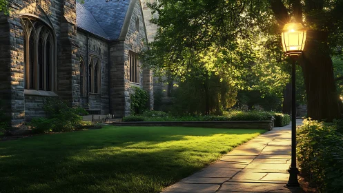Twilight lamppost guards a quiet ivy-clad gothic campus path.