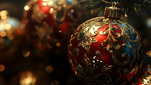 Red glass ornament with ornate gold scrollwork bokeh glow.