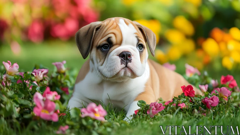 English bulldog puppy resting in vivid flower garden scene.