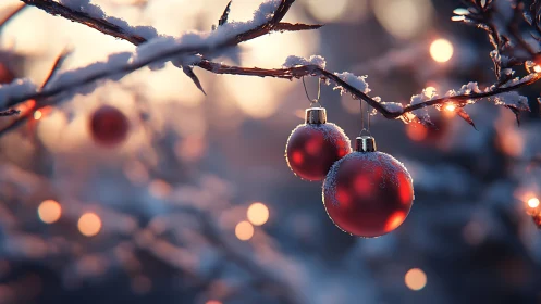 Red Christmas ornaments on snowy branches in sunset bokeh glow.