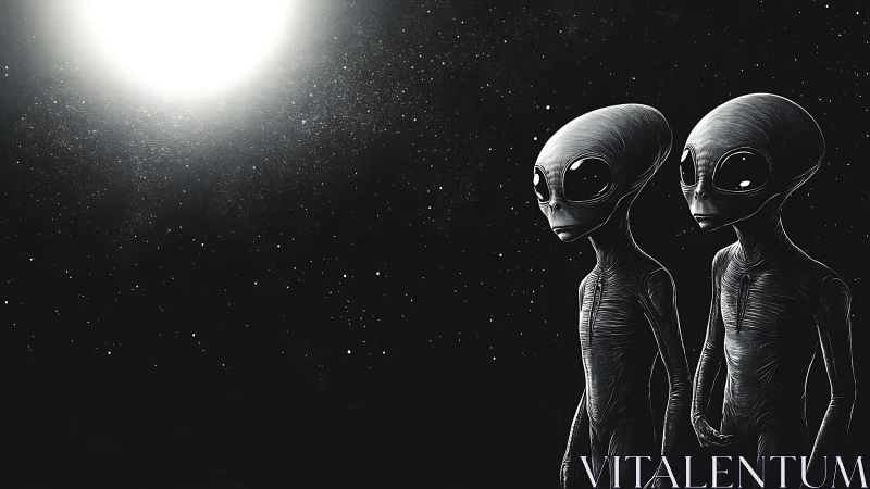 Two grey aliens stand in deep space under bright star.