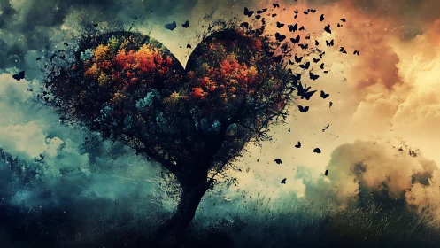 Heart-shaped tree with butterfly particles dispersing into sky.