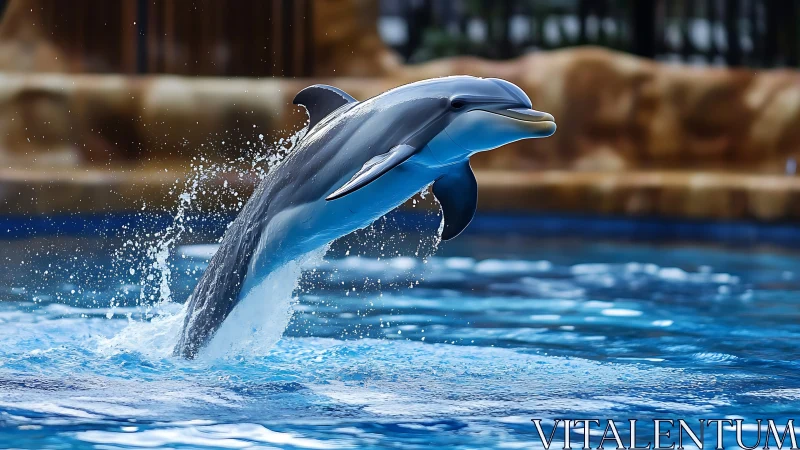 Bottlenose dolphin breaching in midair over blue pool water