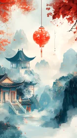 Chinese mountainside temples with red lantern and foliage.