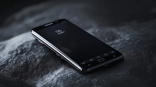 Sleek black smartphone rests calmly on a dark textured surface