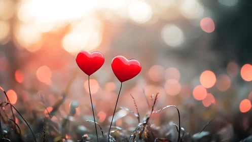 Red Heart Flowers: Soft-Focus Romantic Bokeh Composition.