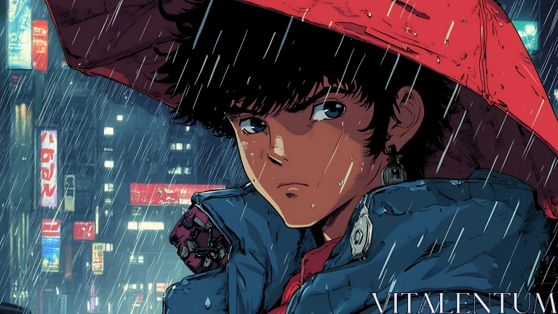 Rain-soaked neon wanderer under a stubborn red umbrella.