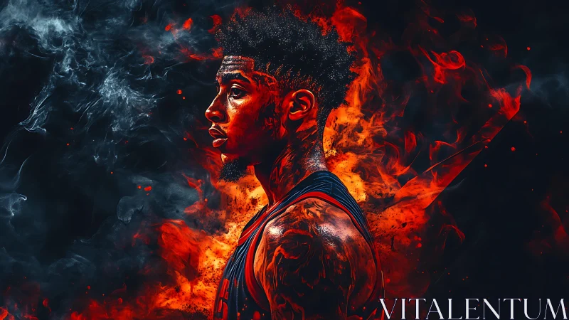 Basketball player portrait in blazing red orange flames.