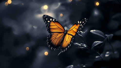 Golden butterfly drifts through a quiet, lanternlit dusk.