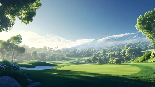 Sunlit fairway drifts toward misty mountains and soft clouds