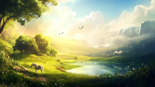 Sunlit valley panorama with white horse and tranquil lake.