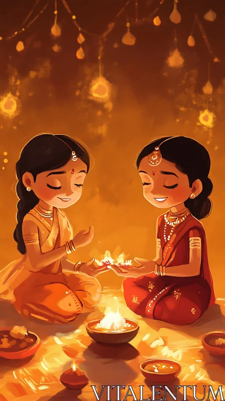 Diwali celebration digital art with two festive girls sharing diyas.