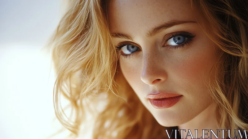 Soft golden portrait highlights striking blue eyes beautifully.