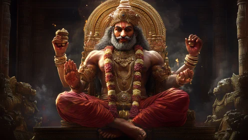 Divine warrior deity on golden throne in temple interior.